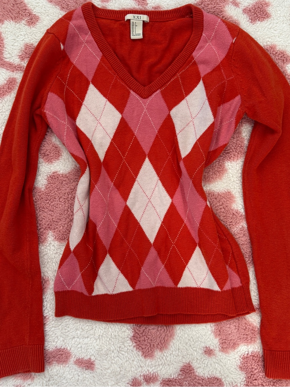 Vintage Y2K Coquette Pinterest Girl Sweater 💌 Orange Pink Argyle Knit Small